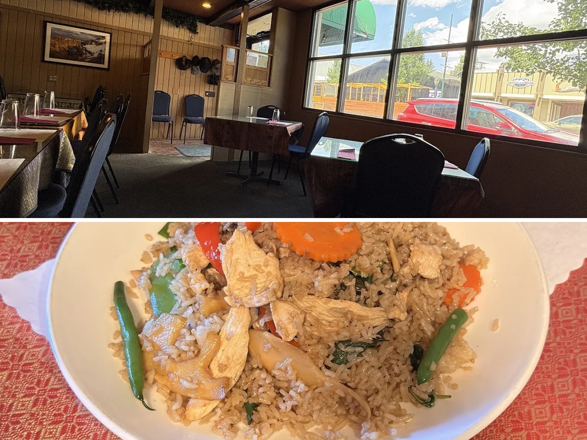 Warm wood-paneled dining room with Thai plates.