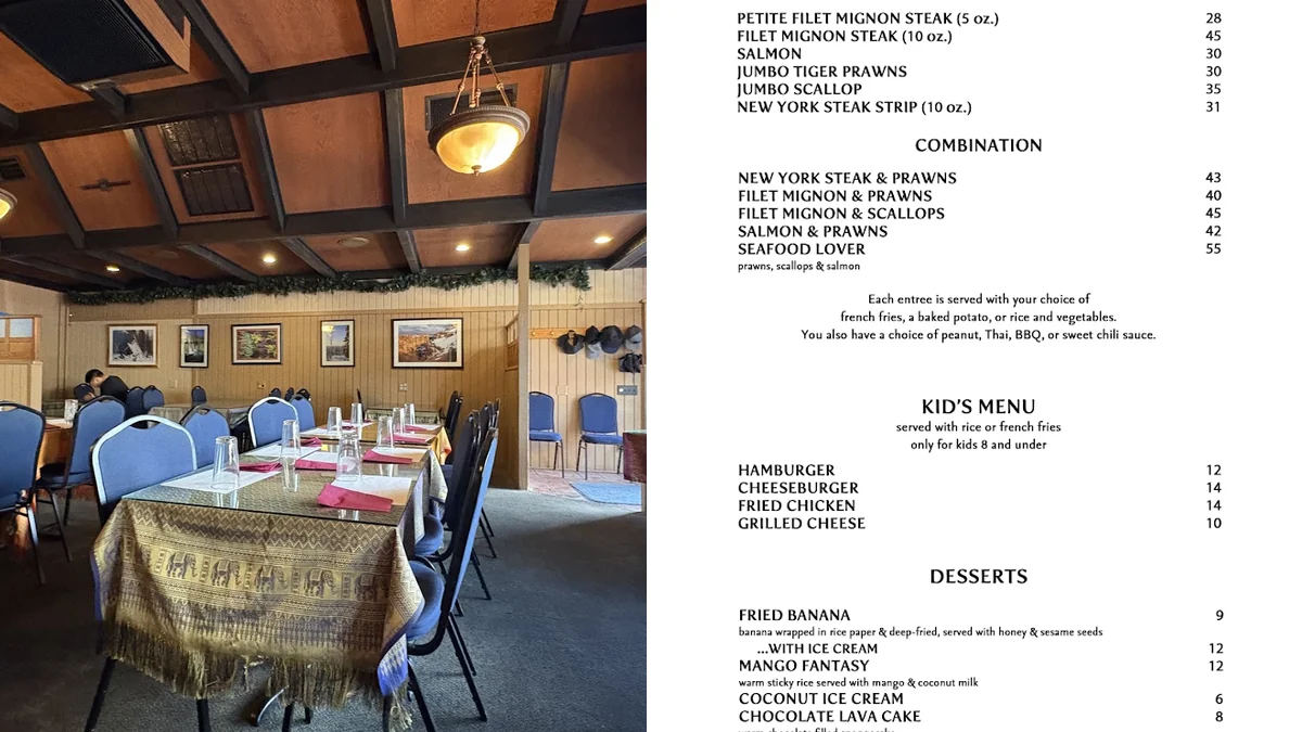 Casual restaurant tables set for dine-in meals.